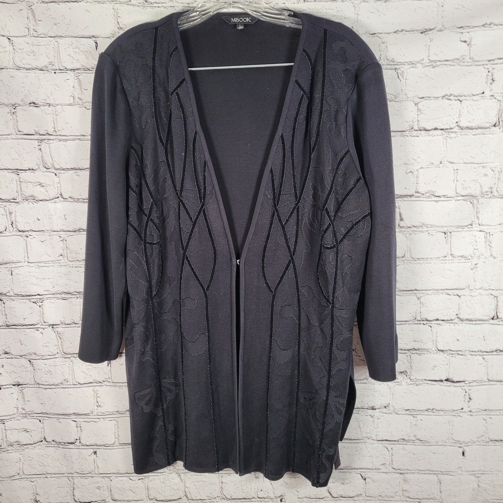 Misook Cardigan Women Large Black Excellent Velvet Flocked Open Front Longline